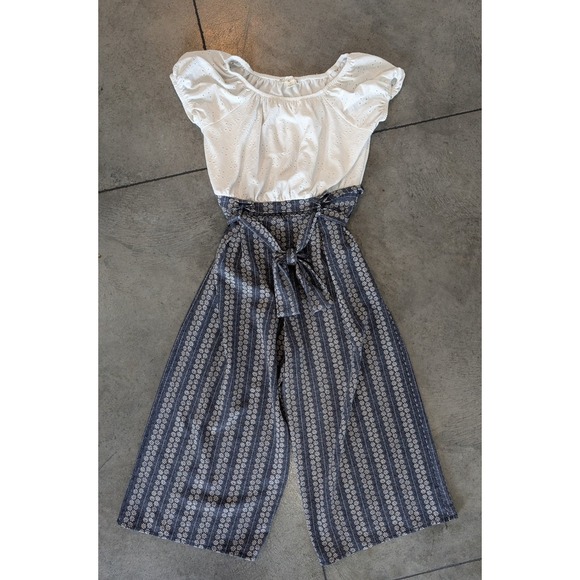 Knit Works Other - Knit Works - Girls White Eyelet Top Blue Striped Jumpsuit Tie Waist -‎ Size 14